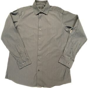 Marc Anthony Button Up Classic Cotton Shirt Men 17 (34/35) Gray Teal Stripes